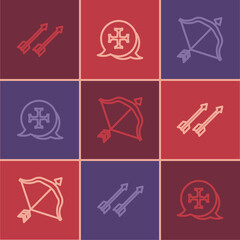 Set line Medieval arrows, bow and and Crusade icon. Vector