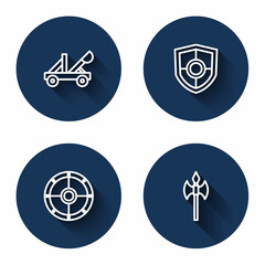 Set line Medieval catapult, Shield, Round shield and axe with long shadow. Blue circle button. Vector