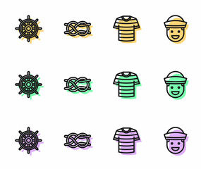 Set line Striped sailor t-shirt, Ship steering wheel, Nautical rope knots and Sailor icon. Vector