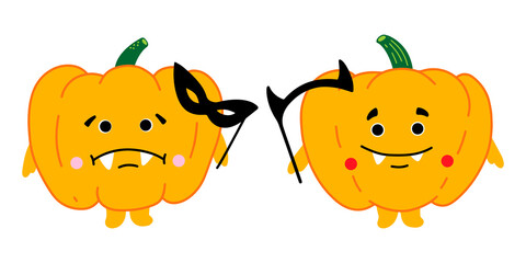 Cute cartoon pumpkins. Happy halloween print. Vector illustration, isolated on white background.	