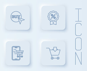 Set line Buy button, Discount percent tag, Mobile with shopping cart and Add Shopping. White square button. Vector