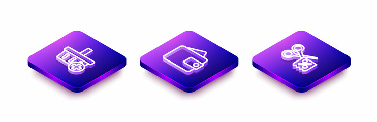 Set Isometric line Add to Shopping basket, Wallet and Scissors cuts discount coupon icon. Vector