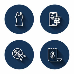 Set line Woman dress, Mobile with shopping cart, Discount percent tag and Paper check and financial check with long shadow. Blue circle button. Vector