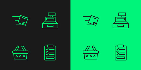 Set line Clipboard with checklist, Shopping basket, Location cardboard box and Cash register machine icon. Vector