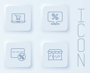 Set line Shopping cart on screen laptop, Discount percent tag, card with and Market store. White square button. Vector