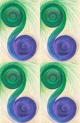 Colored spiral swirling pattern of two balls in shades of blue and green with purple and brown tints. Fluffy yellow and purple threads fly around the image. Ornament for harmony and balance of power.