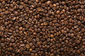 Texture of roasted coffee beans close-up