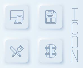 Set line Online ordering food, Restaurant cafe menu, Crossed knife and fork and Lunch box. White square button. Vector