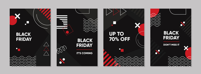 Set of Black friday geometric memphis templates. Universal cover Designs for Annual Report, Brochures, Flyers, Presentations, Leaflet, Magazine.