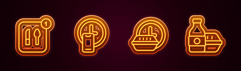 Set line Food ordering, Round the clock delivery, and Online food. Glowing neon icon. Vector