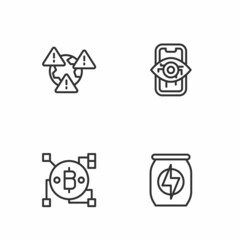 Set line Energy drink, Blockchain technology Bitcoin, Earth with exclamation mark and Computer vision icon. Vector