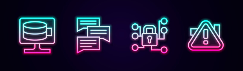 Set line Cloud database, Speech bubble chat, Cyber security and Exclamation mark in triangle. Glowing neon icon. Vector