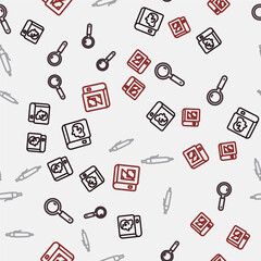 Set line Law book, Magnifying glass, Pen and Book about geometry on seamless pattern. Vector