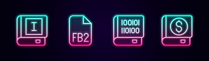 Set line Book, FB2 File, Books about programming and Financial book. Glowing neon icon. Vector