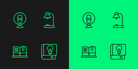 Set line User manual, Open book, Microphone and Table lamp icon. Vector