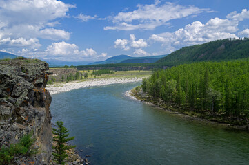 Oka Sayanskaya River - view from  a high rippletish coast. Siberia.