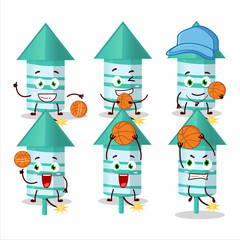 Talented rocket firework green cartoon character as a basketball athlete