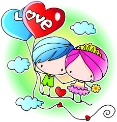 vector cartoon kids  hold heart shape balloons
