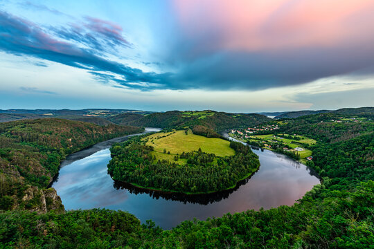 A lookout over the Vltava river in Solenicka Podkova during sunset in Czech republic. A lookout over the Vltava river in Solenicka Podkova during sunset in Czech republic. 