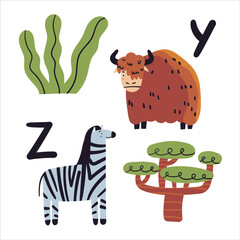 Cute card with letters with animals vector illustration. Yak, zebra doodle drawings on white background. Flat wild and sea animals, vector alphabet print