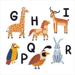 Cute card with letters with animals vector illustration. Giraffe, horse, impala, parrot, quail, rabbit doodle drawings on white background. Flat wild and sea animals, vector alphabet print