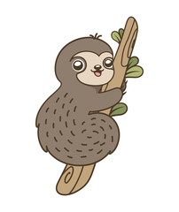 Cute happy sloth holding onto a branch cartoon clipart vector illustration.	