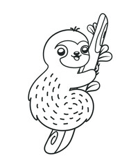 Cute happy sloth holding onto a branch line art outline clipart vector illustration. Animal mammal easy simple coloring book page activity worksheet for kids.