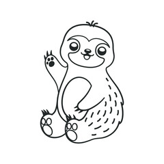 Cute happy waving sloth line art outline clipart flat vector illustration. Animal mammal easy simple coloring book page activity worksheet for kids.
