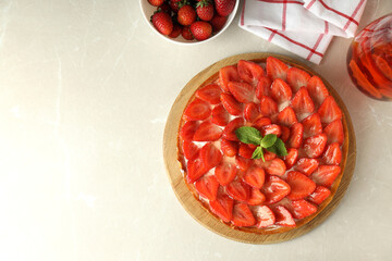 Concept of tasty food with strawberry tart, top view