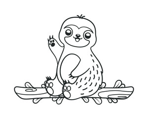 Cute waving sloth sitting on a branch line art outline clipart vector illustration. Animal mammal easy simple coloring book page activity worksheet for kids.