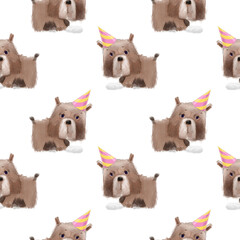Cute dogs in party hats. Children's print on a white background. Seamless pattern. Raster illustration.