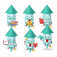 Naklejka premium A picture of rocket firework green cartoon character concept reading an amusing book