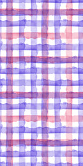 Watercolor Pink Violet Check Seamless Pattern. Simple Plaid Fabric Background. Hand Painted Simple Design with Stripes.