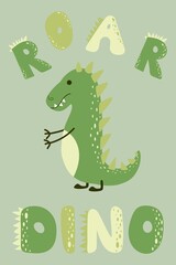 Wild green  dino in scandinavian style for greeting card or invitation, vector illustration