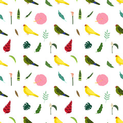 Seamless pattern with parrots kakariki yellow and green, tropical leaves and flowers. Cute baby print for fabric and textile.