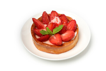 Plate with strawberry tart isolated on white background