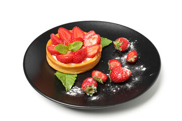 Plate with strawberry tart isolated on white background