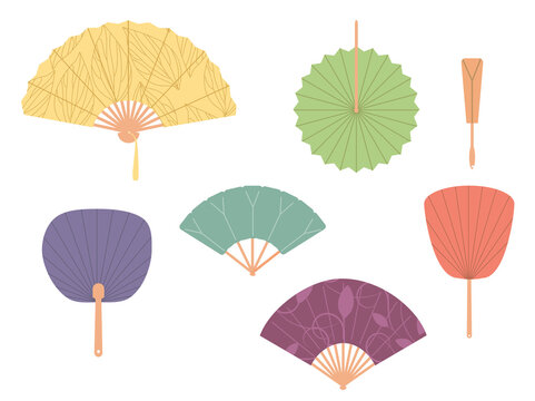 Asian fans. Colored hand traditional fan set isolated on white background. Paper folding painting vector fans