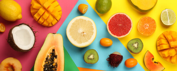 Set of exotic fruits on multicolored background