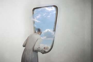 woman in search of freedom escapes from a mirror that contains a window to the sky