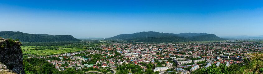 Panoramic view of Khust city from Khust castle in Khust, Ukraine on June 24, 2021.