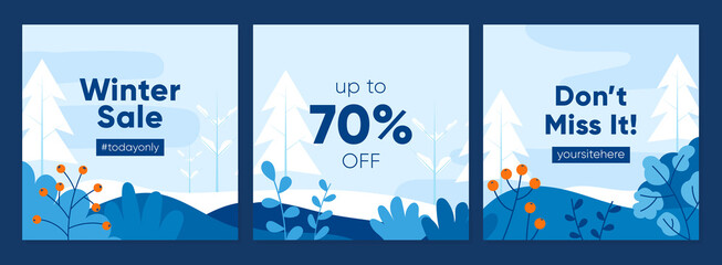 Flat design winter sale promotion square banner set. Social media post and feed template