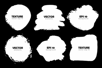 Set Brush Shape Vector Strokes White color isolated on Black background. Hand painted grange elements. Messy artistic design . Place for text, quote