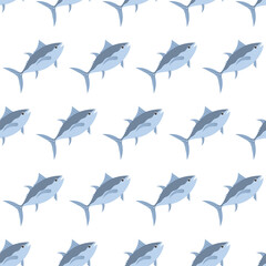 Sea animal seamless pattern with tuna. Undersea world habitants print. Hand drawn underwater life vector illustration. Funny cartoon marine animals character for kid fabric, textile.