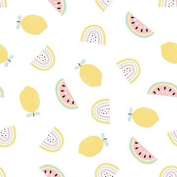 seamless pattern with watermelon and rainbow on white