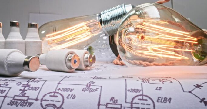 Low voltage edison bulb. Cables, light bulb on diagrams. 