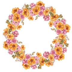 Watercolor fall wreath with autumn floral, isolated on white background