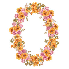 Watercolor fall wreath with autumn floral, isolated on white background