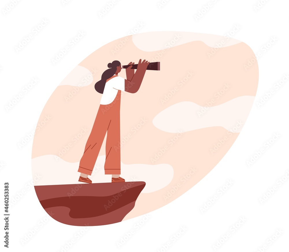 Poster person looking forward in future challenges through spyglass. strategy and vision concept. woman sea