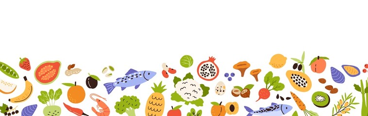 Healthy food border. Banner with grocery edge. Horizontal pattern with fresh organic fruits, vegetables and seafood. Vitamin foodstuff. Colored flat vector illustration isolated on white background